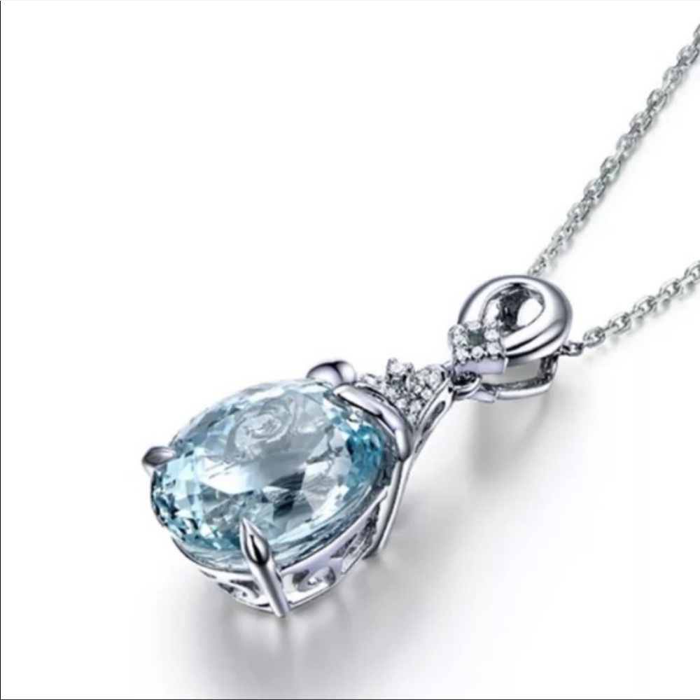 NEW AQUAMARINE 925 STERLING SILVER DIAMOND NECKLACE - Picture 6 of 6